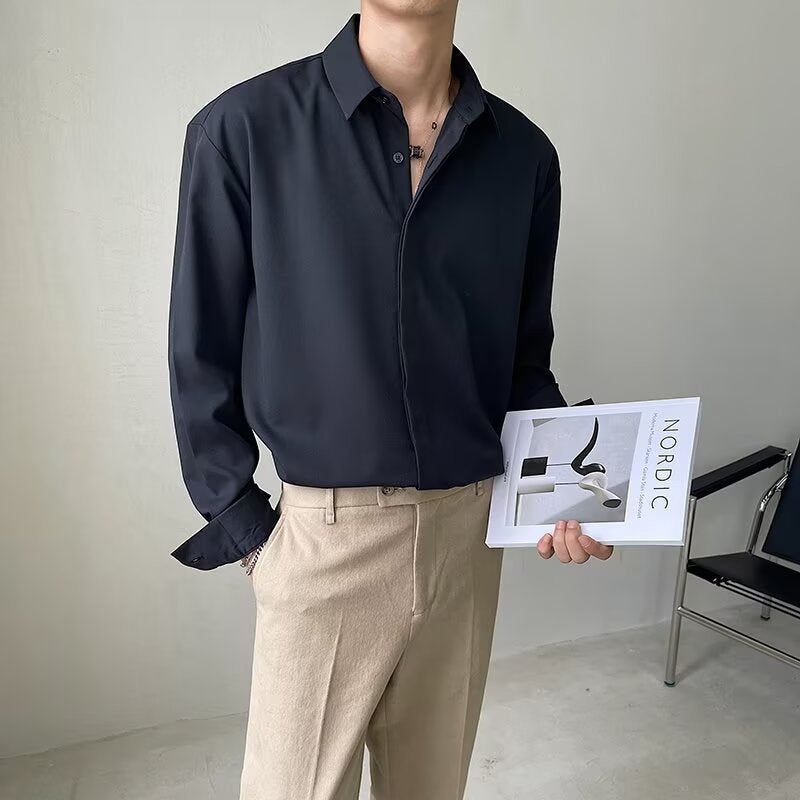 Camisa Formal para Hombre de Ajuste Slim con Manga Larga, Detalle Fruncido Oculto y Tejido Elástico para Máxima Comodidad
