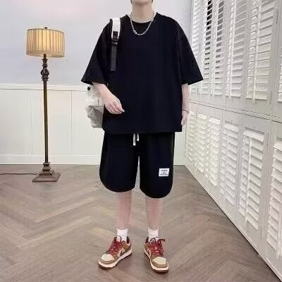 Set sportivo da uomo con orlo regolabile - comoda T-shirt con pantaloncini corti e coulisse, in cotone elasticizzato e traspirante