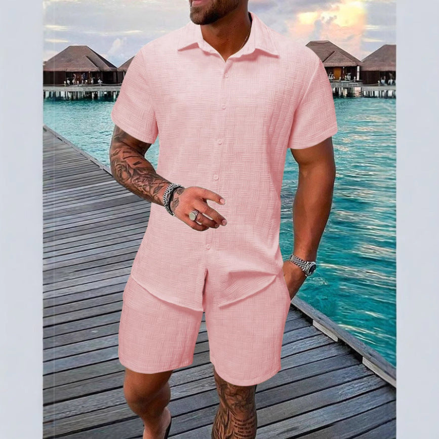 Confortevole set da uomo a due pezzi in cotone naturale con texture jacquard alla moda per uno stile casual