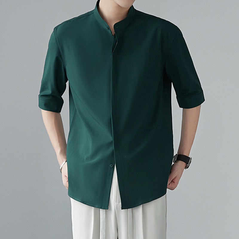Camisa de manga larga para homme con ajuste relajado, cuello mandarín, tela leggera e traspirante per una maggiore comodità