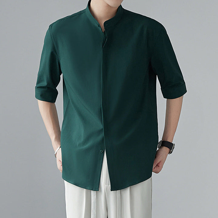 Camisa de manga larga para homme con ajuste relajado, cuello mandarín, tela leggera e traspirante per una maggiore comodità