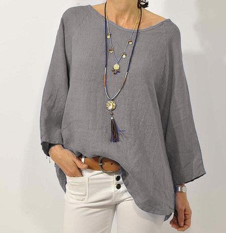 Top da donna in cotone e lino - Stile casual con maniche raglan a 3/4 e finiture asimmetriche