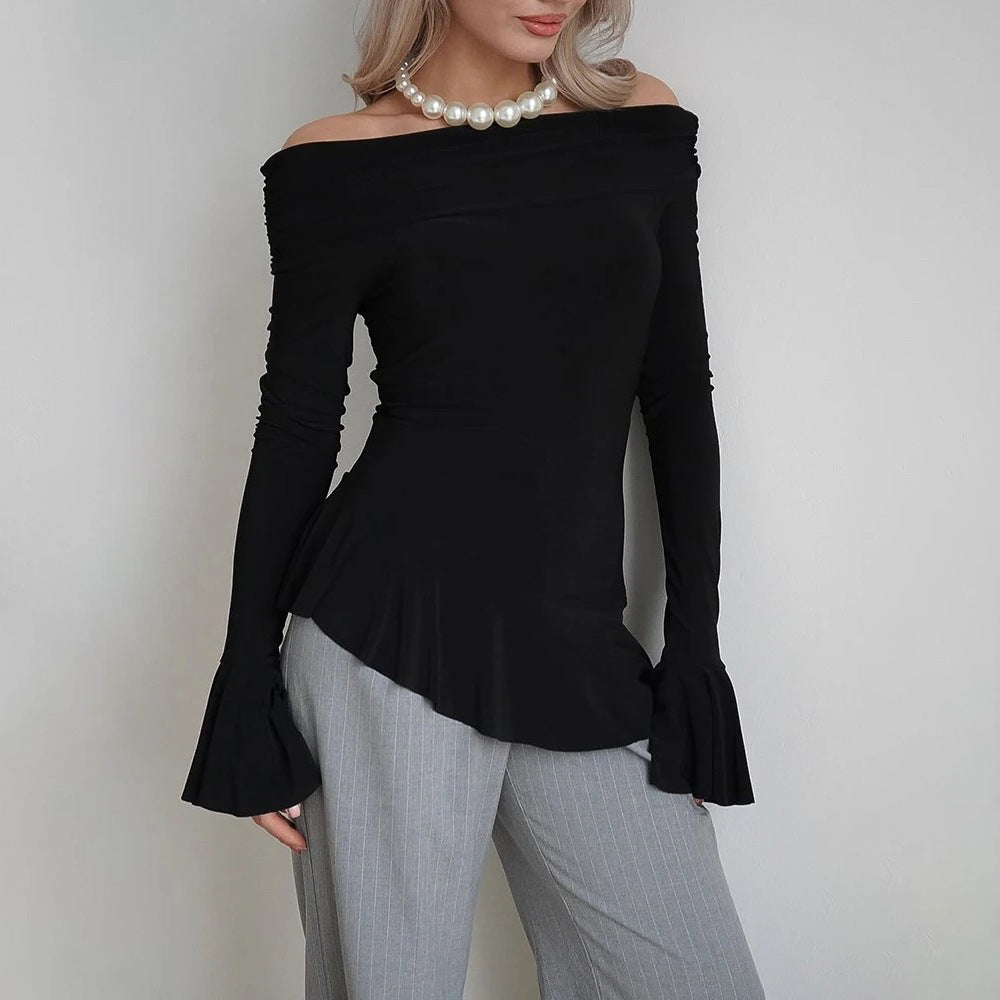 Blusa ajustada para mujer con cuello披肩, mangas con volantes y dobladillo plisado en tela elástica