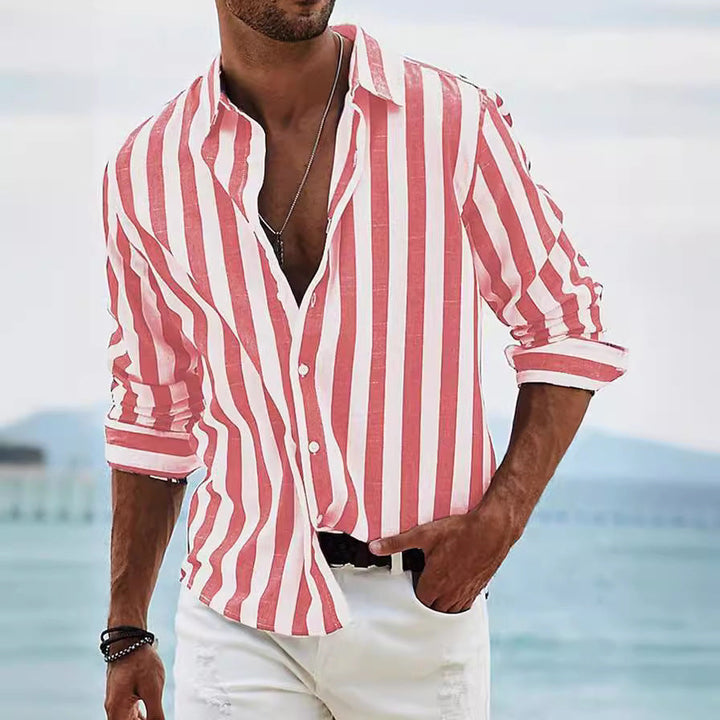 Elegante camicia da uomo a maniche lunghe in misto cotone e lino - comoda, ampia e con un'intramontabile fantasia a righe