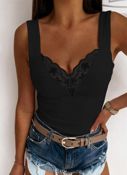 Débardeur sans manches pour femmes à encolure en V en dentelle - Coupe ajustée, légère et décontractée, parfait pour un look élégamment décontracté