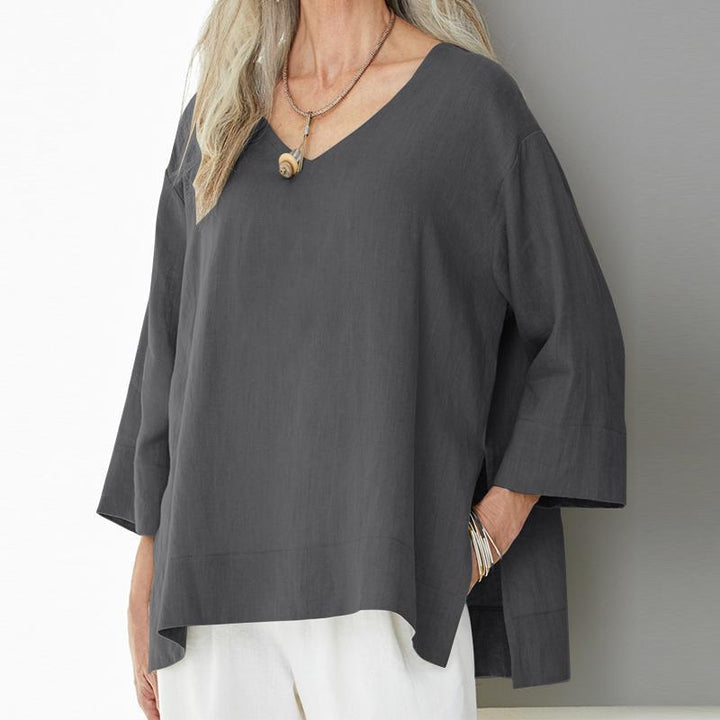 Top elegante con décolleté a V per donna - Melange Coton Lin, ampio taglio, maniche a 3/4, dettagli delle maniche laterali