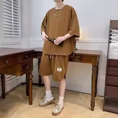Set sportivo da uomo con orlo regolabile - comoda T-shirt con pantaloncini corti e coulisse, in cotone elasticizzato e traspirante