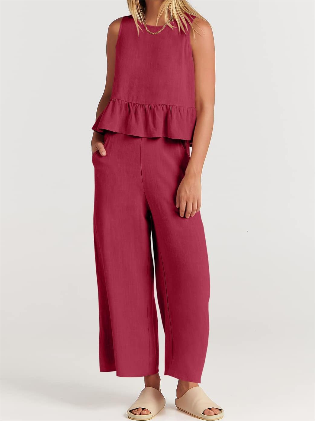 Top peplo e cappotto in misto cotone melange da donna - Top svasato senza maniche con colletto a coste
