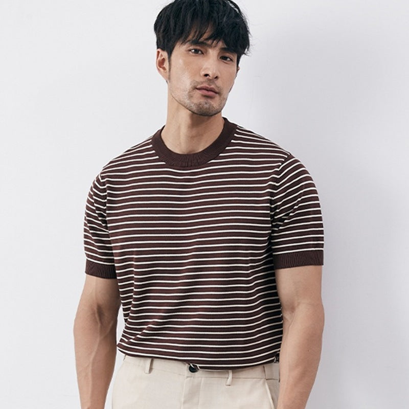 Elegante camicia da uomo slim fit in maglia a righe orizzontali e polsini a costine - Confortevole misto cotone