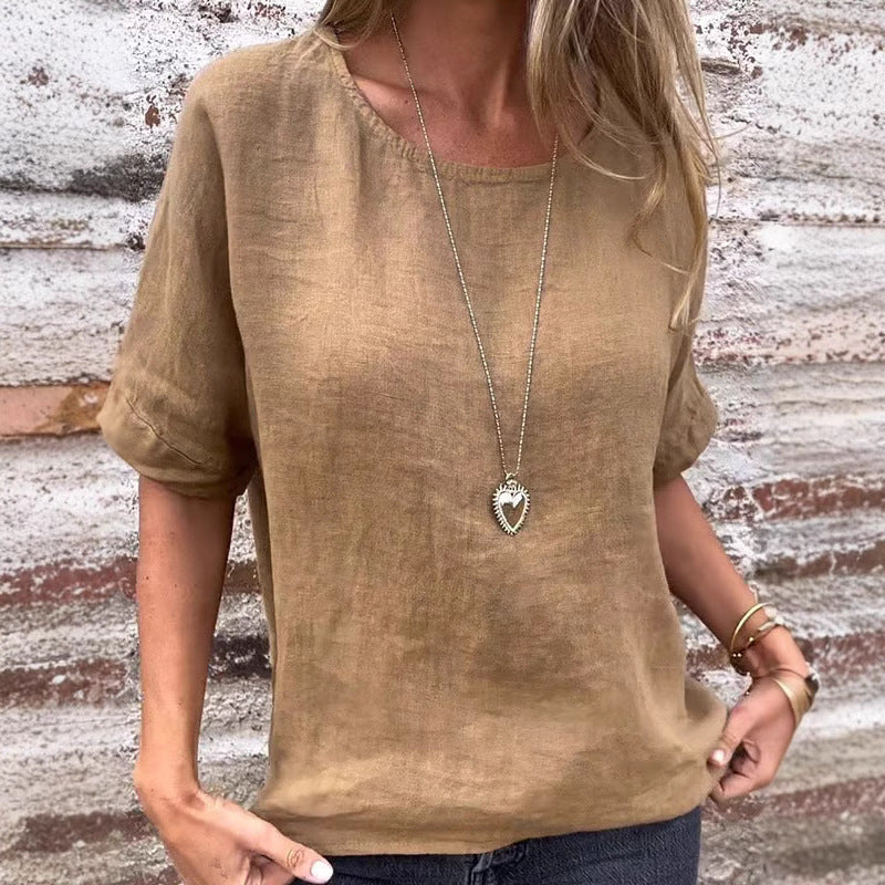 Elegante camicia da donna in lino melange con fondo svasato ed eleganti polsini a tutta lunghezza - ideale per le occasioni informali