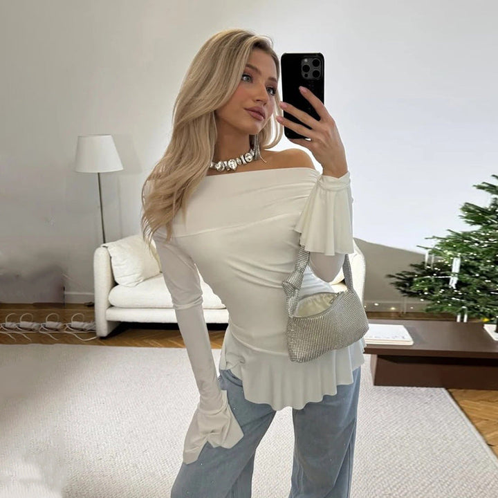 Blusa ajustada para mujer con cuello披肩, mangas con volantes y dobladillo plisado en tela elástica