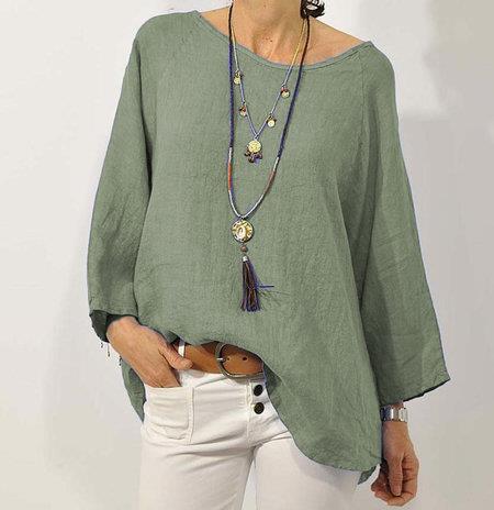 Top da donna in cotone e lino - Stile casual con maniche raglan a 3/4 e finiture asimmetriche