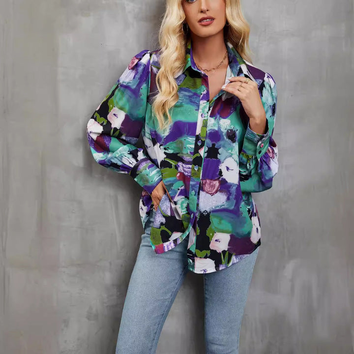 Elegante T-shirt da donna in cotone con bottoni, vestibilità ampia ed elegante motivo floreale