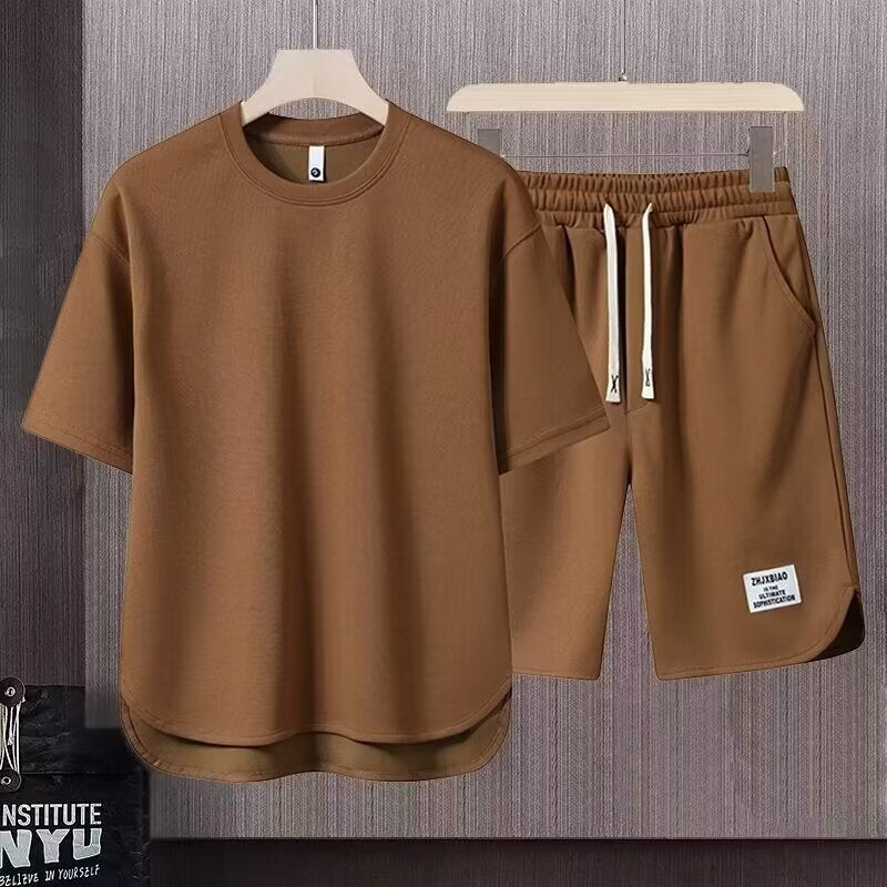 Set sportivo da uomo con orlo regolabile - comoda T-shirt con pantaloncini corti e coulisse, in cotone elasticizzato e traspirante