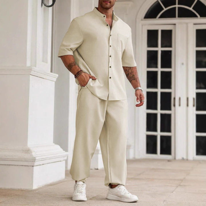 Set completo per uomo - elegante T-shirt a maniche corte e comodi pantaloni in misto cotone e lino - vestibilità rilassata