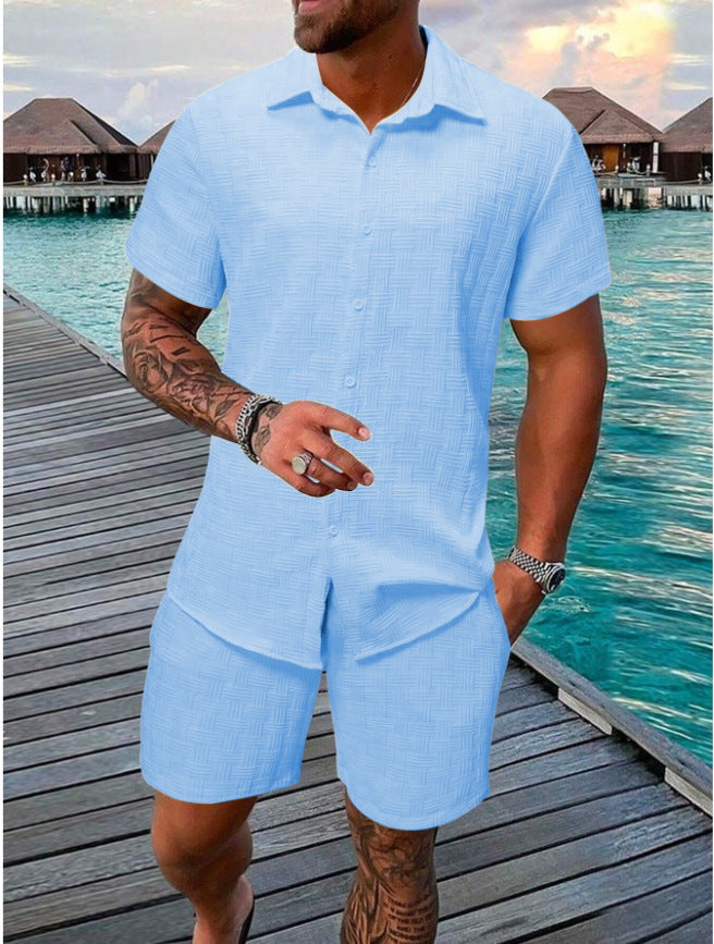Confortevole set da uomo a due pezzi in cotone naturale con texture jacquard alla moda per uno stile casual