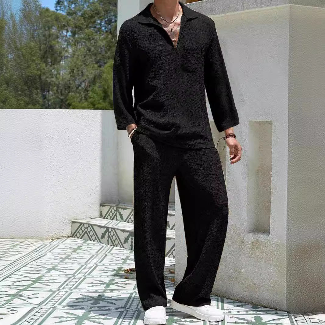 Confortevole set da uomo - elegante camicia a maniche lunghe e morbidi pantaloni in materiale pregiato