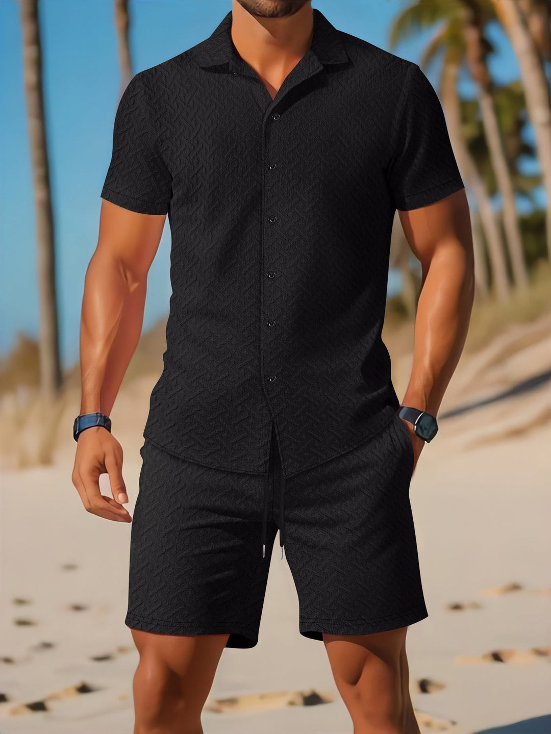Set di T-shirt e pantaloncini Coupe Slim da uomo con motivo a rilievo - Abbigliamento casual e traspirante di qualità superiore
