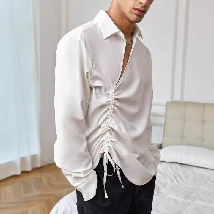 Elegante t-shirt da uomo a maniche lunghe con scollo a punta - attraente allacciatura frontale e morbido cotone melange a maglia grossa