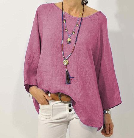 Top da donna in cotone e lino - Stile casual con maniche raglan a 3/4 e finiture asimmetriche