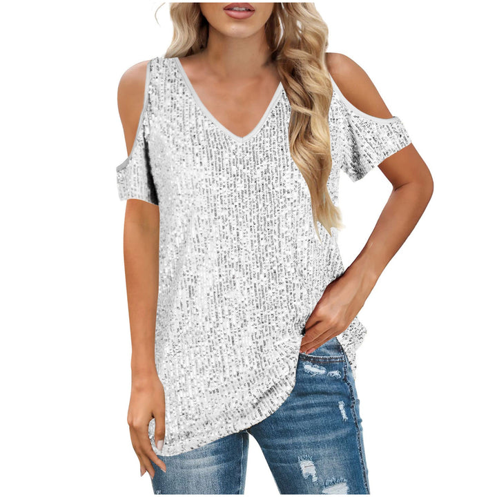 Top da donna eleganti con scollature a punta e paillettes, con due spalline e polsini laterali alla moda