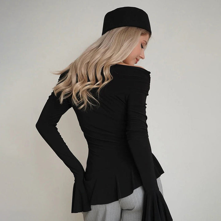 Blusa ajustada para mujer con cuello披肩, mangas con volantes y dobladillo plisado en tela elástica
