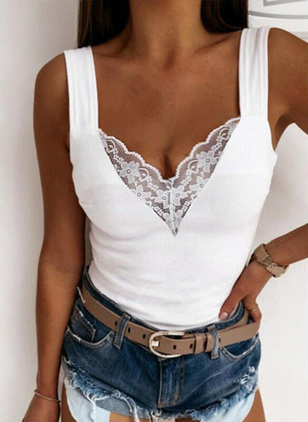 Débardeur sans manches pour femmes à encolure en V en dentelle - Coupe ajustée, légère et décontractée, parfait pour un look élégamment décontracté
