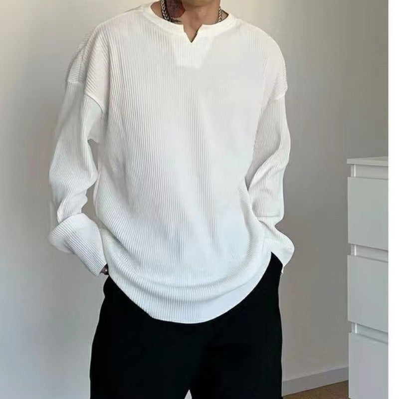 Comoda T-shirt da uomo a maniche lunghe con scollo a costine - strato base con vestibilità ampia