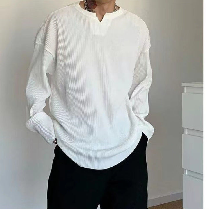 Comoda T-shirt da uomo a maniche lunghe con scollo a costine - strato base con vestibilità ampia