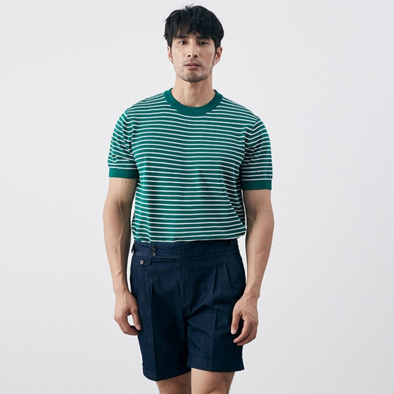 Elegante camicia da uomo slim fit in maglia a righe orizzontali e polsini a costine - Confortevole misto cotone