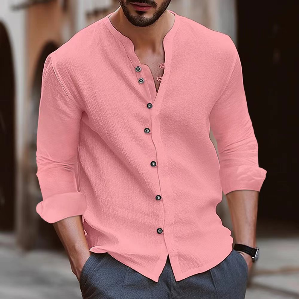 Scarpe sportive Camicia a Manica Lunga da uomo in misto cotone e lino - Taglio comodo e casual - Colletto con cintura - Versione con bottoni