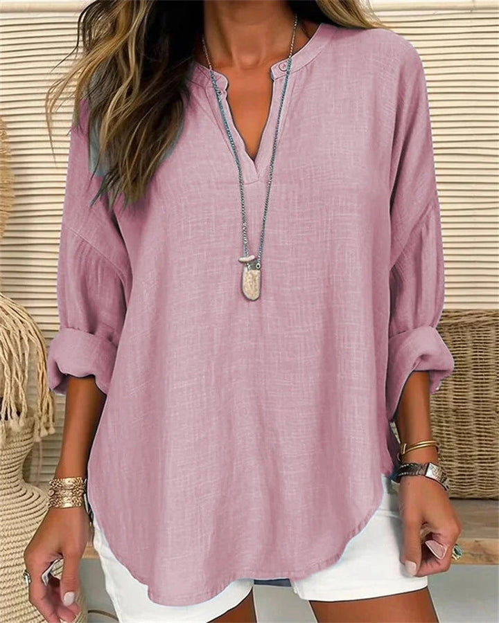 Camicetta a maniche lunghe da donna in stile melange - Comodo top con colletto Mao