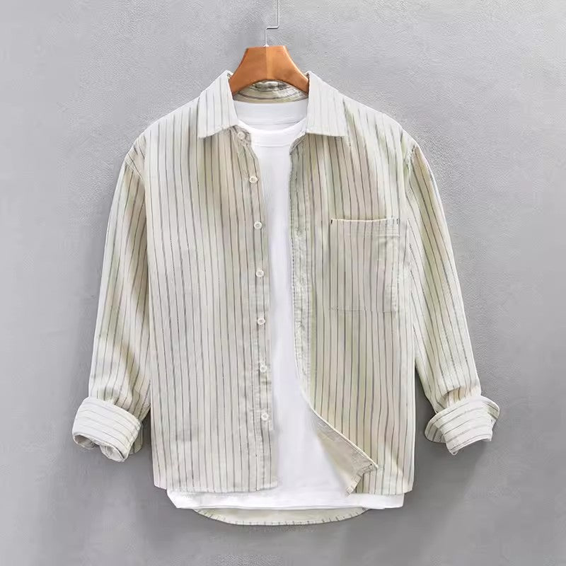 Camisa di manga lunga per uomo con disegno di raggi verticali e corte retta in algodón ligero