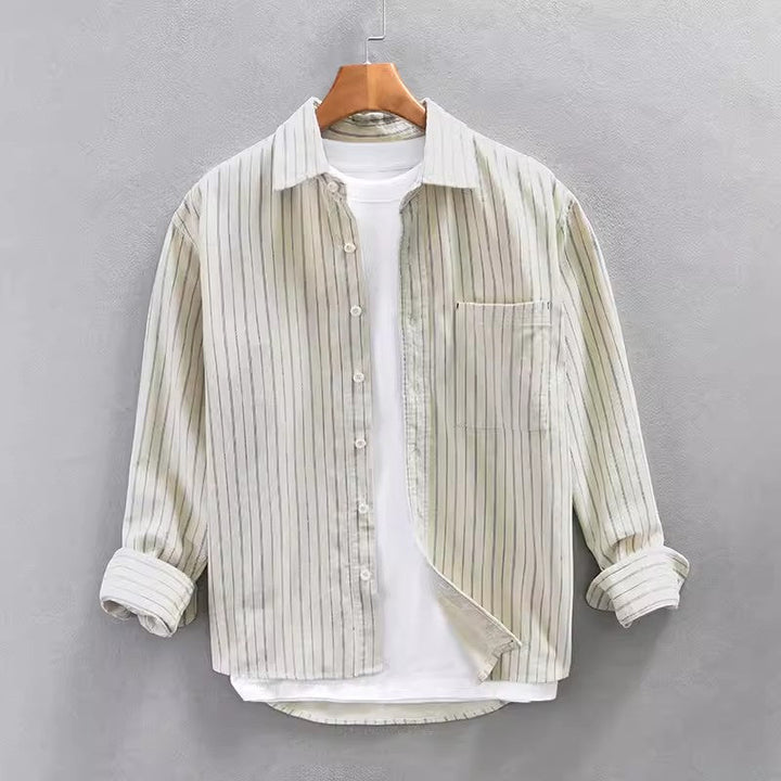 Camisa di manga lunga per uomo con disegno di raggi verticali e corte retta in algodón ligero