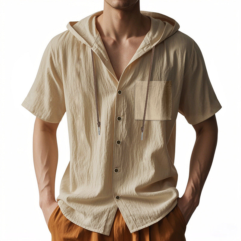Elegante camicia con cappuccio da uomo in misto lino naturale - comoda, vestibilità ampia, maniche corte e pratici bottoni frontali