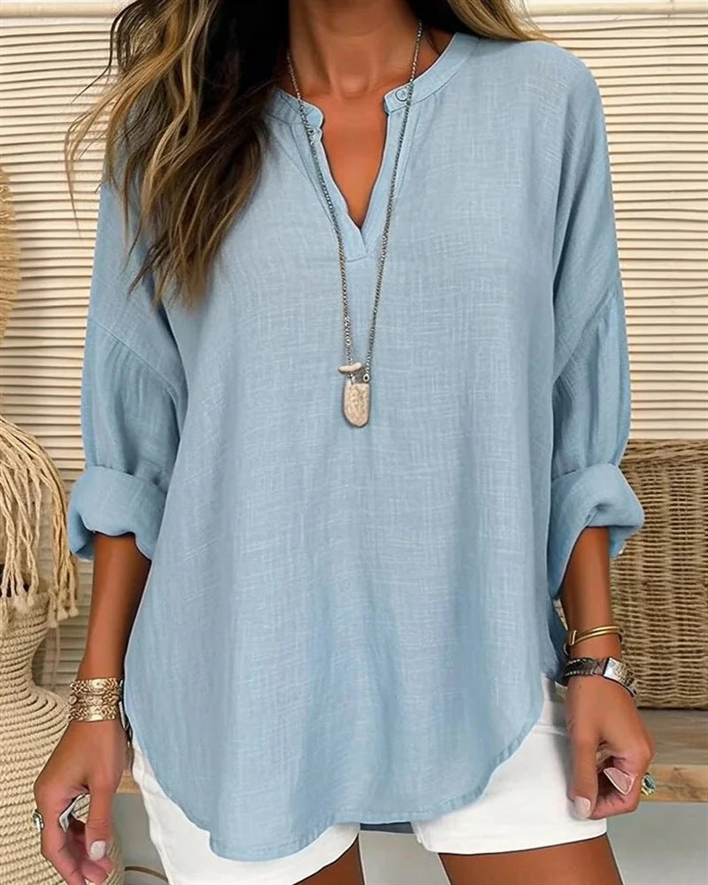 Camicetta a maniche lunghe da donna in stile melange - Comodo top con colletto Mao