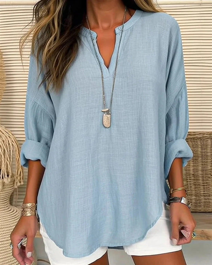 Camicetta a maniche lunghe da donna in stile melange - Comodo top con colletto Mao