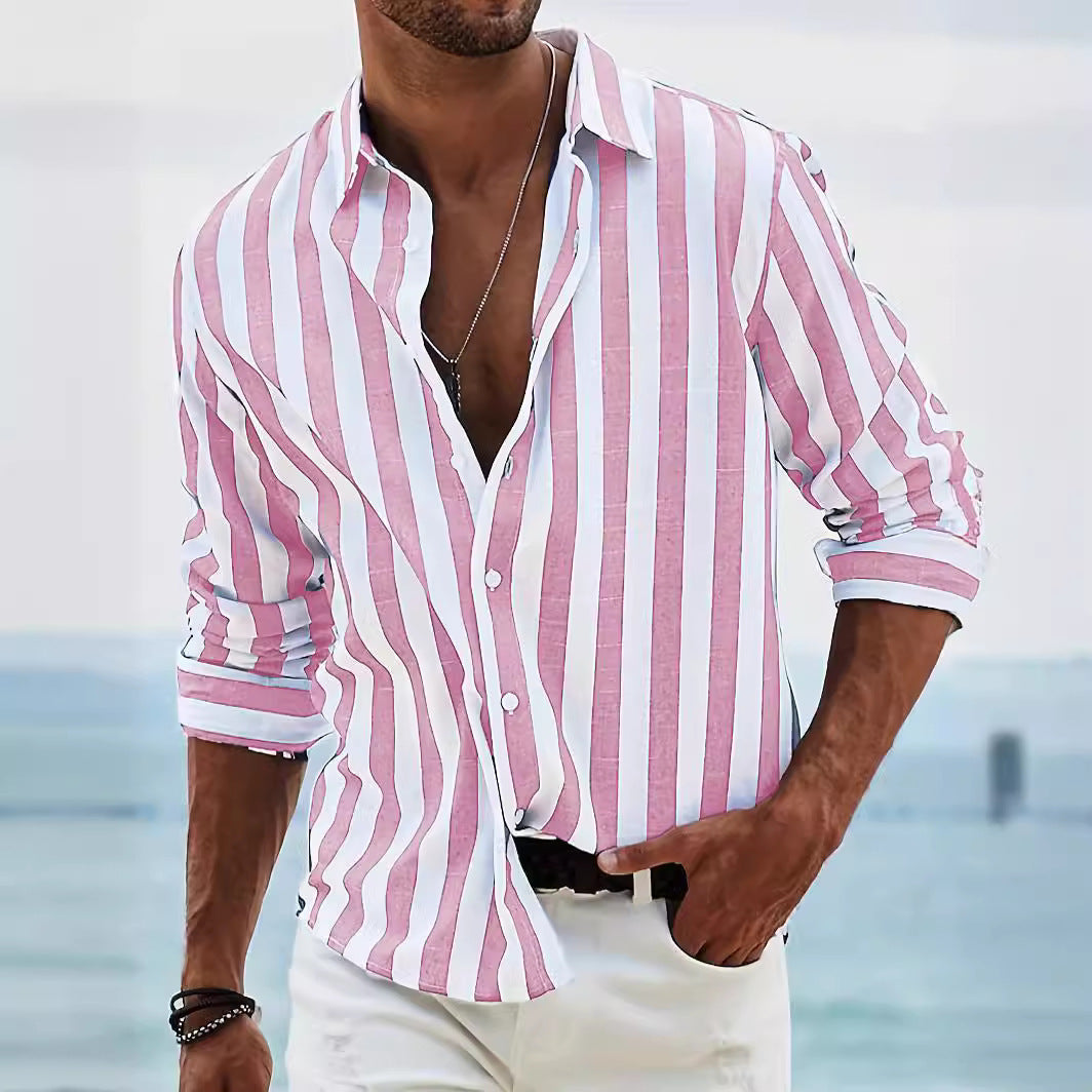 Elegante camicia da uomo a maniche lunghe in misto cotone e lino - comoda, ampia e con un'intramontabile fantasia a righe