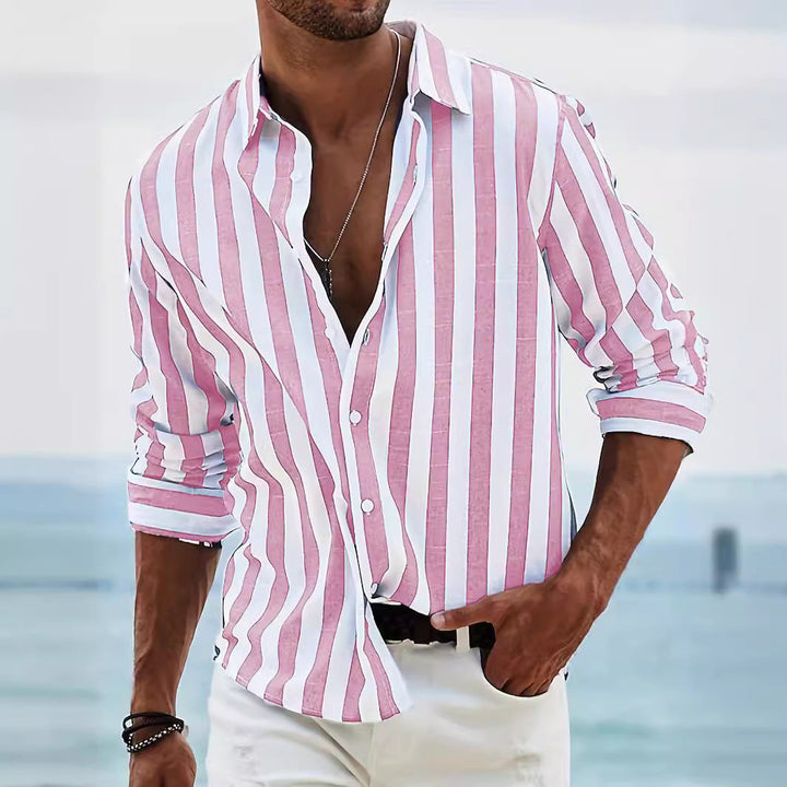 Elegante camicia da uomo a maniche lunghe in misto cotone e lino - comoda, ampia e con un'intramontabile fantasia a righe