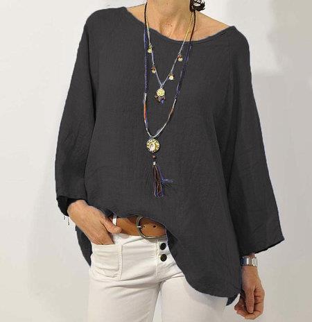 Top da donna in cotone e lino - Stile casual con maniche raglan a 3/4 e finiture asimmetriche
