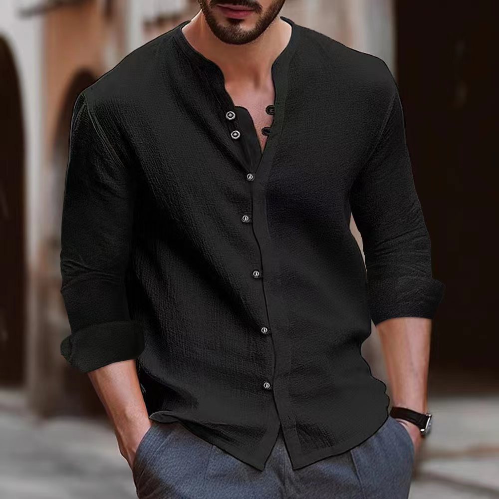Scarpe sportive Camicia a Manica Lunga da uomo in misto cotone e lino - Taglio comodo e casual - Colletto con cintura - Versione con bottoni
