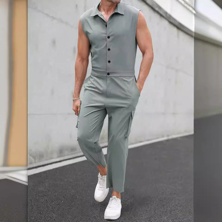 Tuta elegante da uomo senza maniche con bottoni, colletto classico e pratiche tasche cargo