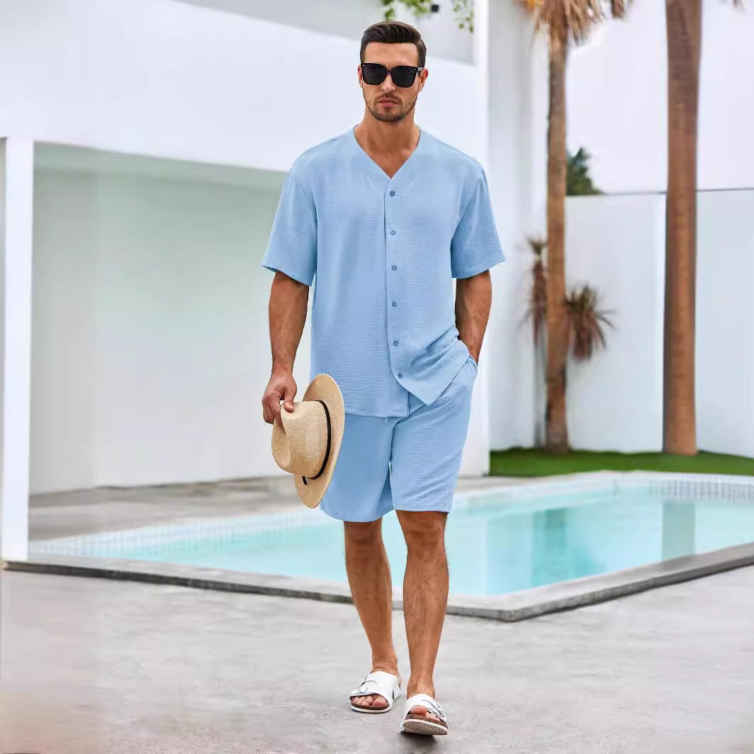 Completo maschile a due pezzi - Elegante camice a V con bottoni e comodi pantaloncini d'algodon traspiranti
