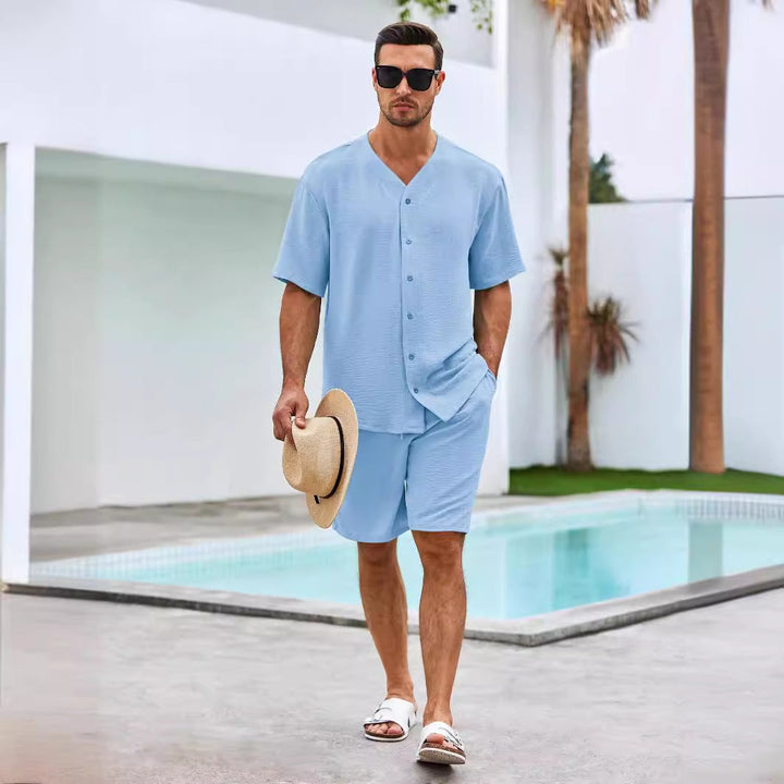 Completo maschile a due pezzi - Elegante camice a V con bottoni e comodi pantaloncini d'algodon traspiranti