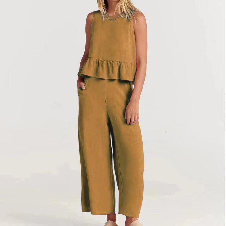 Top peplo e cappotto in misto cotone melange da donna - Top svasato senza maniche con colletto a coste