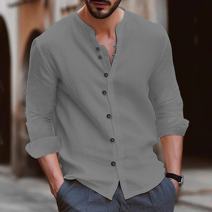 Scarpe sportive Camicia a Manica Lunga da uomo in misto cotone e lino - Taglio comodo e casual - Colletto con cintura - Versione con bottoni