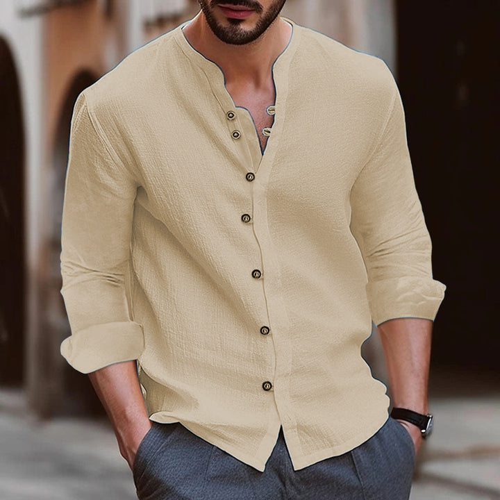 Scarpe sportive Camicia a Manica Lunga da uomo in misto cotone e lino - Taglio comodo e casual - Colletto con cintura - Versione con bottoni