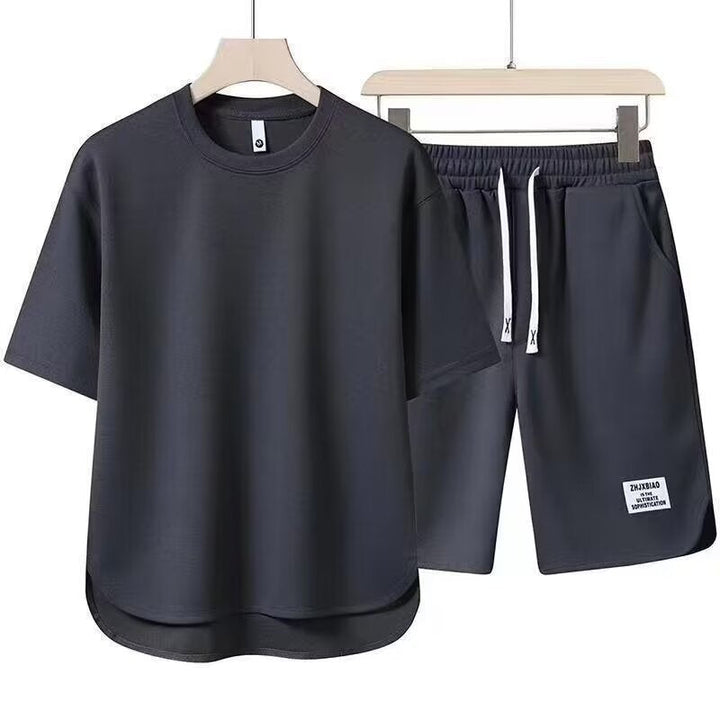 Set sportivo da uomo con orlo regolabile - comoda T-shirt con pantaloncini corti e coulisse, in cotone elasticizzato e traspirante