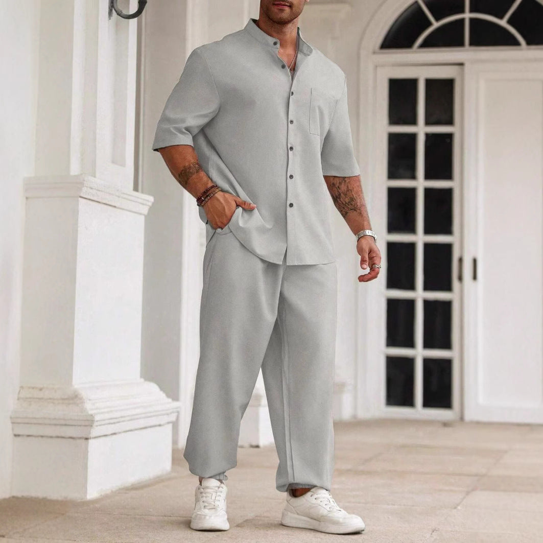 Set completo per uomo - elegante T-shirt a maniche corte e comodi pantaloni in misto cotone e lino - vestibilità rilassata