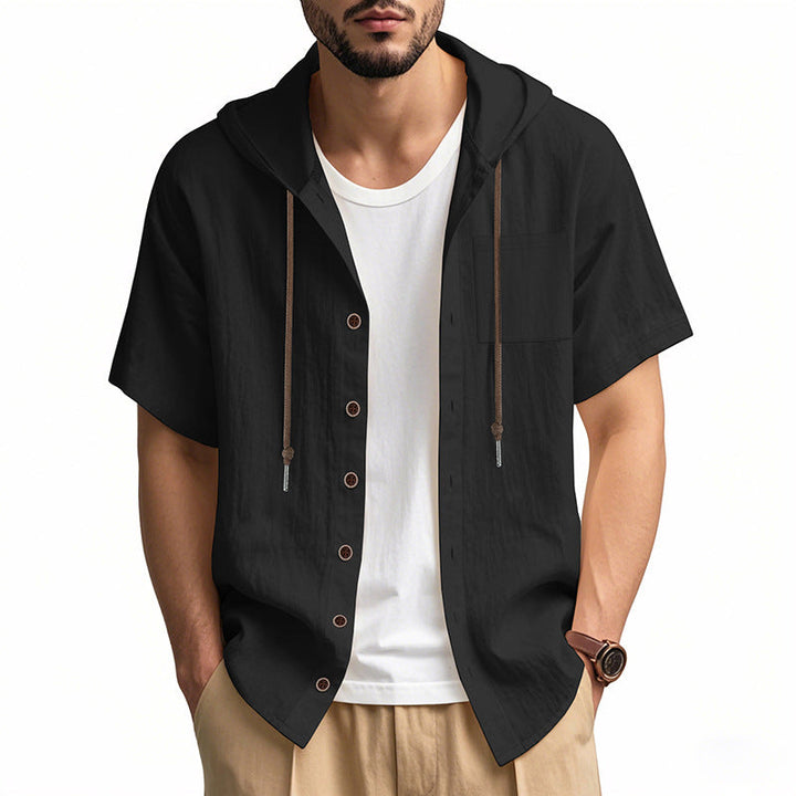 Elegante camicia con cappuccio da uomo in misto lino naturale - comoda, vestibilità ampia, maniche corte e pratici bottoni frontali